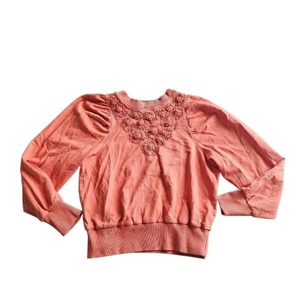 Anthropologie daily practice Sz S orange puff sweatshirt 3D floral